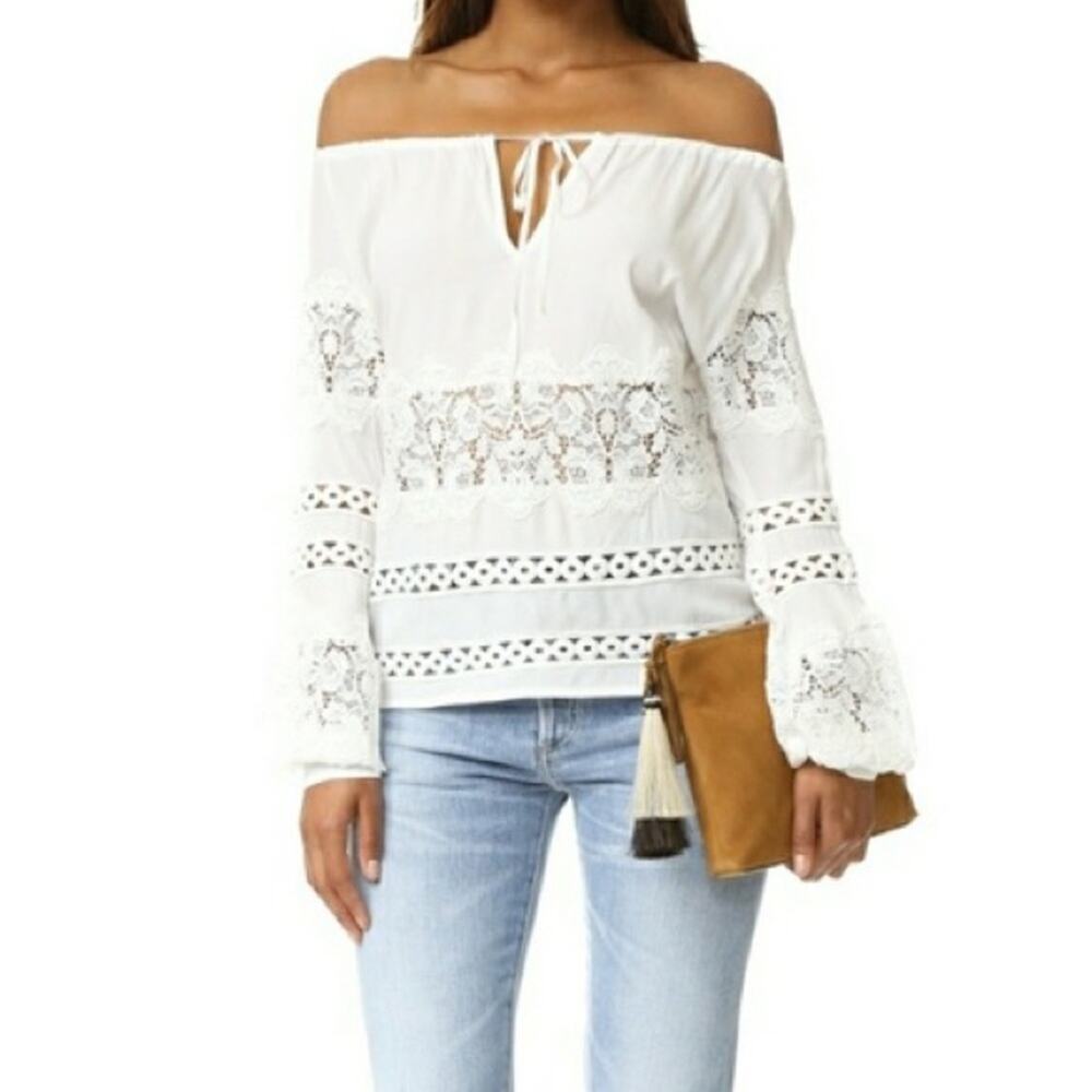 For Love & Lemons Ivory Lace Crochet Off The Shoulder Tie Blouse Size Medium